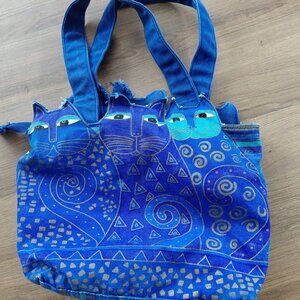 Laurel Burch Blue Purple Cats Canvas Small Bag Tote Distressed Faded